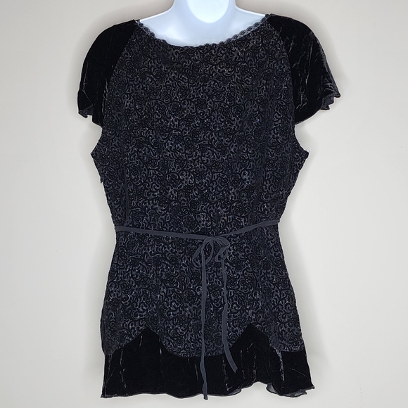 Velvet Burn Out Vintage Black Whimsygoth Y2K Goth Silk Blend Top 14P - Picture 3 of 7